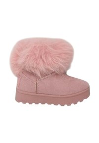 Stivaletti rosa alla caviglia realizzati in materiale morbido con un colletto in pelliccia sintetica fluffy, tomaia testurizzata e suola in gomma rigata per una migliore trazione.