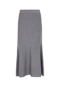 Jupe tricotée grise avec un design évasé. Présente une texture unie et une taille lisse. Aucun matériel ou motif visible.