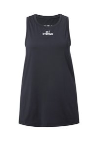 Musta ilmanhihoin urheilullinen tank top, joka on valmistettu sileästä kankaasta. Siinä on pyöreä kaula-aukko ja etuosassa on valkoiset tekstit "GET STRONG".