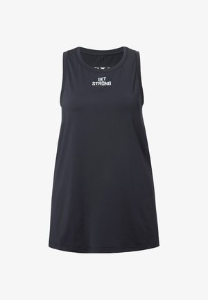 Zwarte mouwloze sporttanktop van gladde stof, met een ronde hals en de tekst "GET STRONG" in het wit op de voorkant.