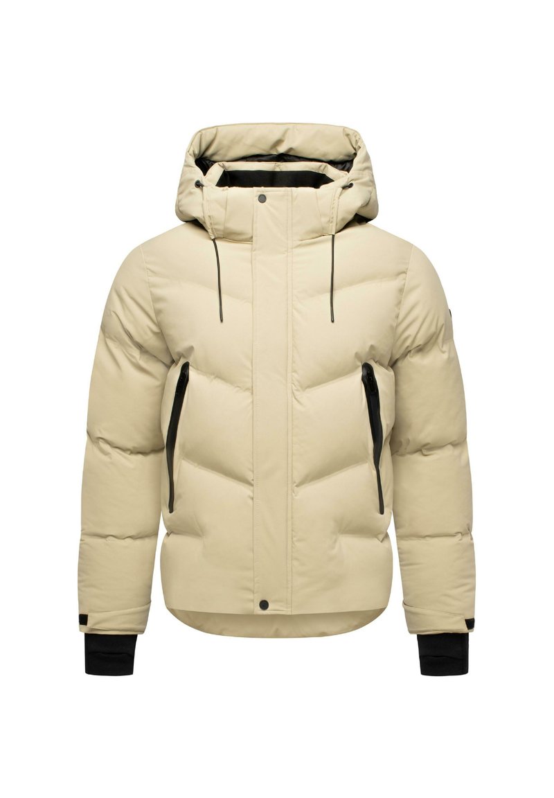Giacca a vento beige con cappuccio, dotata di imbottitura trapuntata e tasche con zip nere, polsini elasticizzati e orlo inferiore con bottoni.