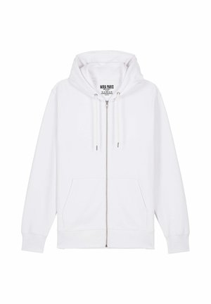 Balta uzvelkama kapuces jaka, izgatavota no mīksta auduma, ar kapuci, auklām, divām priekšējām kabatām un ribota apakšmalu un piedurknēm. Logo izdrukāts iekšpusē.