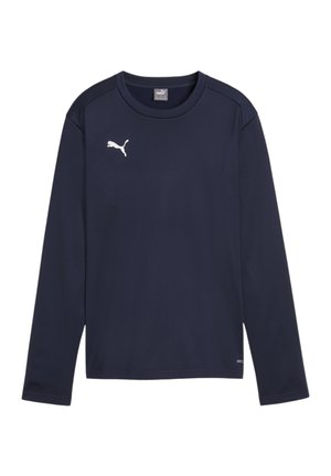 Maglietta sportiva a maniche lunghe di colore navy, realizzata in materiale traspirante. Presenta un collo rotondo e il logo bianco Puma sul lato sinistro del petto.