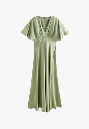 Lange, V-hals jurk van lichtgroen satijn met korte, uitlopende mouwen. Heeft een getailleerde corsage en een vloeiende rok, met een ritssluiting op de rug.