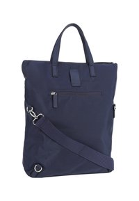 Bolsa de lona marina con asas cortas, correa de hombro desmontable, cierre con cremallera y bolsillo frontal. Presenta acentos de cuero suave.
