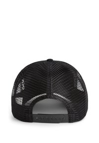 Cappellino in mesh nero con chiusura a scatto in plastica, caratterizzato da una corona strutturata e pannelli aperti per la ventilazione. Superficie testurizzata, design minimalista.