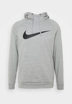 Hellgrauer Hoodie mit Fronttasche, verstellbarer Kapuze mit Kordelzug und großem schwarzem Nike Swoosh-Logo auf der Brust.