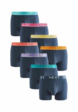 Acht Paare navy Boxershorts mit kontrastierenden elastischen Taillenbändern in Pastellfarben: Türkis, Pink, Lavendel, Orange und Gelb.