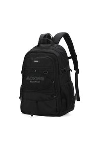 Sac à dos noir avec tissu durable, plusieurs compartiments zippés, poches latérales en mesh et un cordon bungee à l'avant.