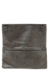 Szara torba z ekoskóry o gładkiej fakturze, z dwoma regulowanymi paskami w formie pętli i poziomą kieszenią na klapie z przodu.