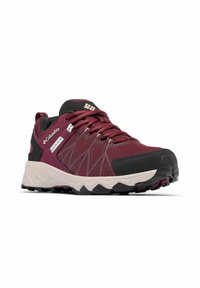 Kastanienbrauner und schwarzer Trailrunning-Schuh mit Obermaterial aus Mesh und Synthetik, markantem Zickzackmuster, verstärkter Zehenkappe und rutschfester Sohle.