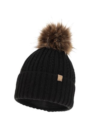 Beanie nera in maglia con righe verticali, caratterizzata da un grande pom-pom in pelliccia sintetica marrone sulla parte superiore e un piccolo logo in patch color beige sul lato.