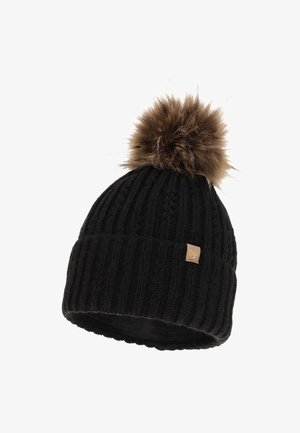 Zwarte gebreide beanie met verticale ribbels, voorzien van een grote bruine nepbont pompon bovenop en een klein tan kleurig logo patch aan de zijkant.