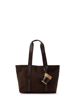 Dunkelbraune Cord-Tasche mit zwei langen schwarzen Griffen und einer kleinen angenähten Tasche in Dunkelbraun und Hellbraun.