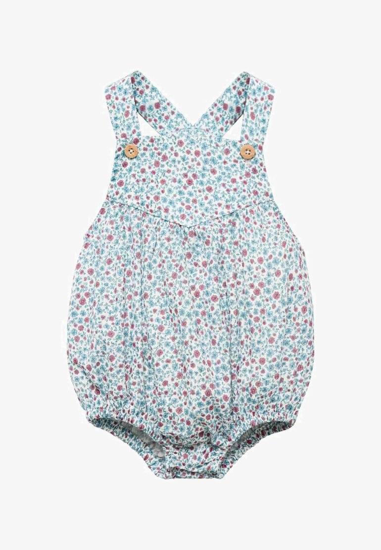 Cvetni kombinezon z modro in roza vzorcem, izdelan iz lahkotnega materiala. Ima križno zadnje trakove in lesene gumbe kot dodatke na rami.