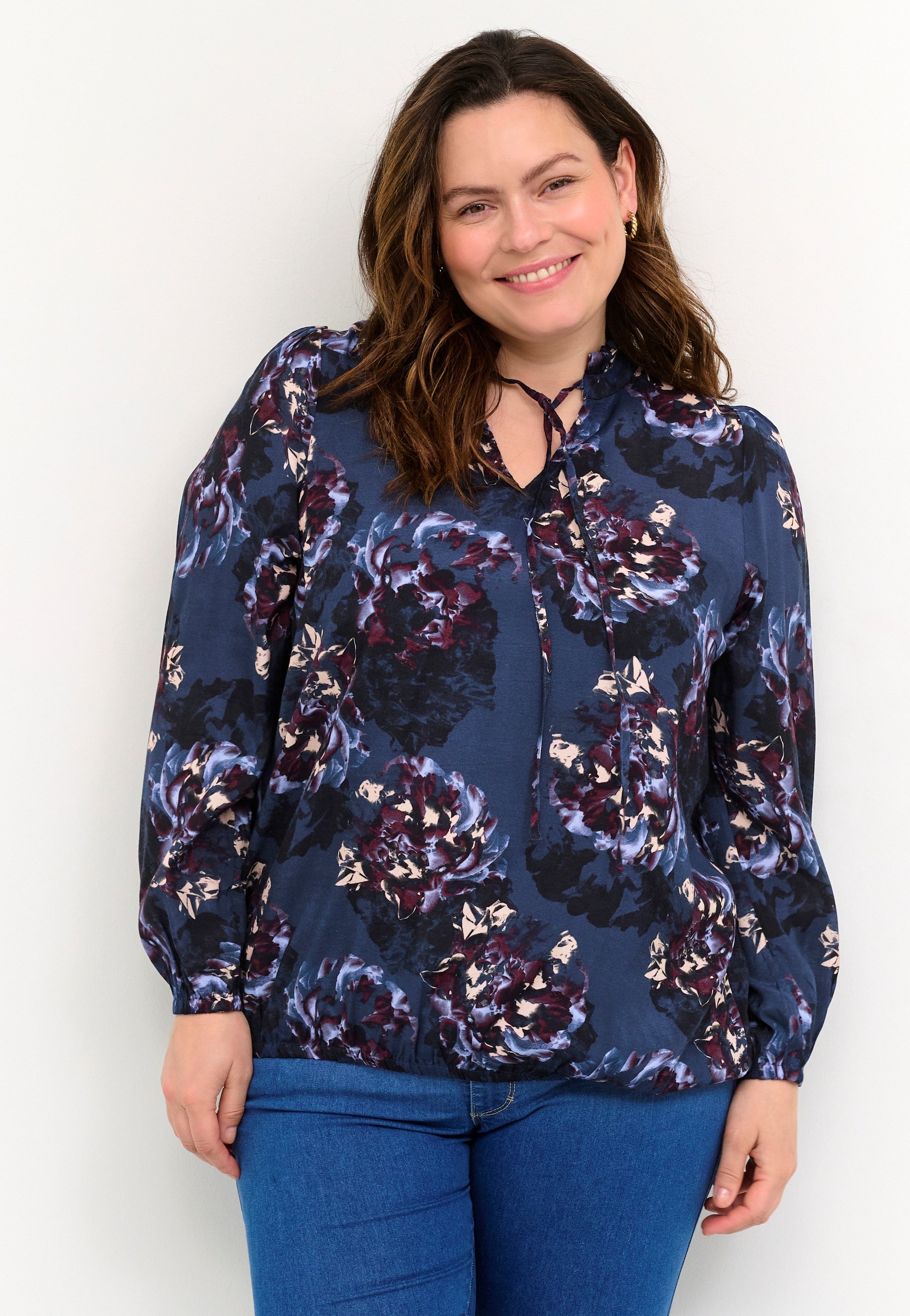 KAFFE Damestrui met ronde hals licht gebreide lange bisschop mouwen, regular fit, Midnight Marine, L