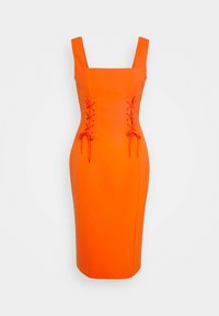 Oranžové přiléhavé šaty se čtvercovým výstřihem a vertikálními šněrovacími detaily po obou stranách, vyrobené z hladké, strukturované tkaniny.