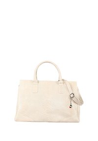 Beige slangenleren handtas met twee bovenhandvatten en een verstelbare schouderriem. Heeft een rechthoekige vorm, een gestructureerd oppervlak en hardwareaccenten.