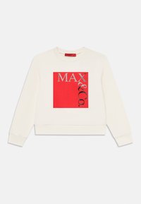 Kremfarget sweatshirt med et fremtredende rødt firkantet grafikk med teksten "MAX & Co." i sølv. Ribbestrikkede mansjetter og hem, myk stoffkvalitet.