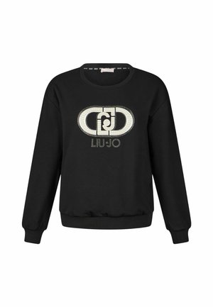 Felpa nera con polsini e orlo a costine, caratterizzata da un grande logo in strass argentati sul davanti. Tessuto morbido, vestibilità casual.