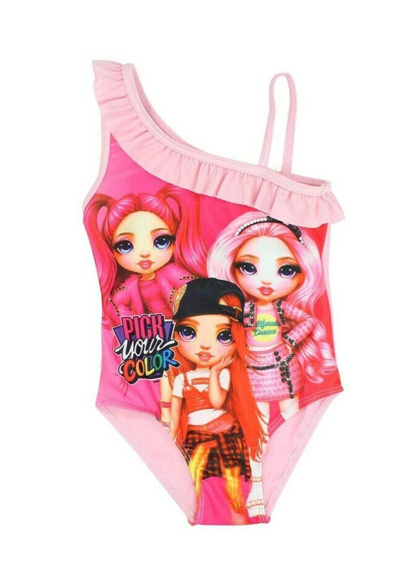 Maillot de bain rose à épaule unique avec des volants, mettant en avant trois personnages de dessin animé et le texte "CHOISISSEZ VOTRE COULEUR". Texture lisse, couleurs vives.