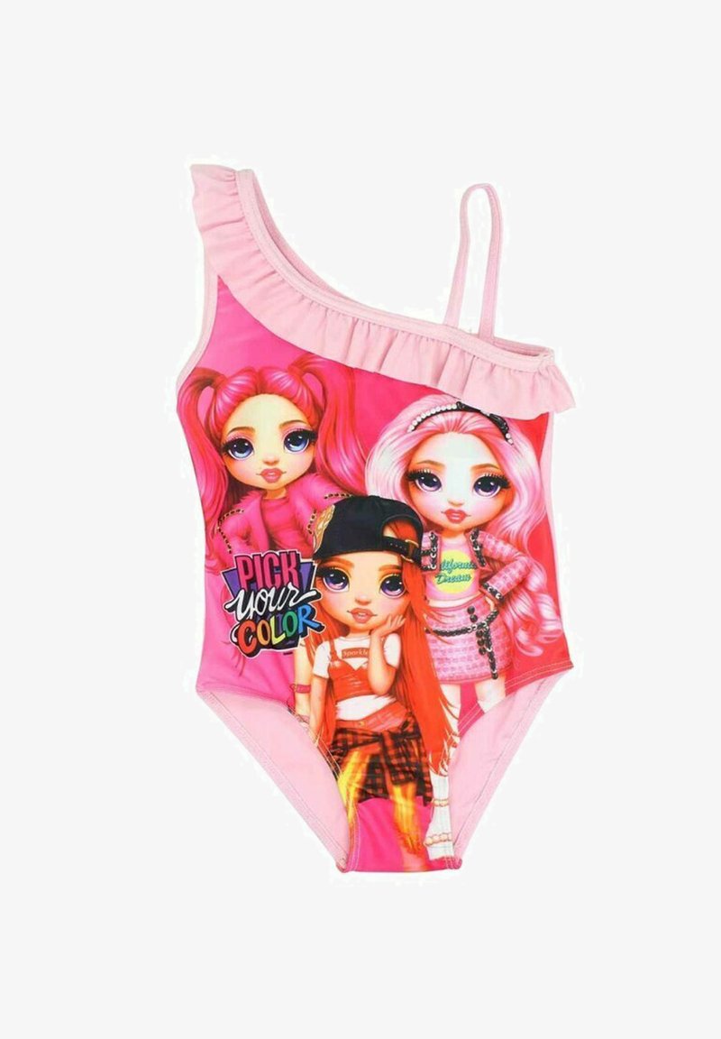 Maillot de bain rose à épaule unique avec des volants, mettant en avant trois personnages de dessin animé et le texte "CHOISISSEZ VOTRE COULEUR". Texture lisse, couleurs vives.