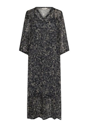 Črna, prosojna obleka z cvetličnim vzorcem v krem in vijolični barvi, z V-izrezom in tričetrtinskimi rokavi ter ohlapnim, zračnim silhueto.