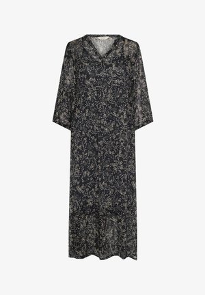 Zwarte, doorschijnende jurk met een bloemenpatroon in crème en paars, V-hals en driekwartmouwen met een losse, vloeiende silhouet.