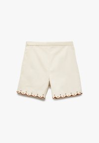 Krämfärgade shorts med vågig nederkant och bruna accentdetaljer. Tillverkade av lätt material, med en enkel design och utan fickor.