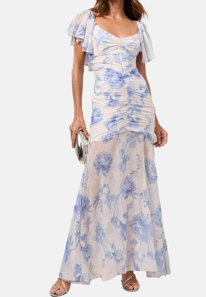 Maxi-jurk van lichte stof met blauwe bloemenprint, geplooide taille en ruches aan de mouwen. Gecombineerd met een metalen clutch.