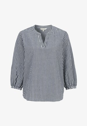 Blau-weiß kariertes Langarmbluse mit elastischen Bündchen und gespaltenem V-Ausschnitt, Größe 38/40 von der Marke Cellbes.