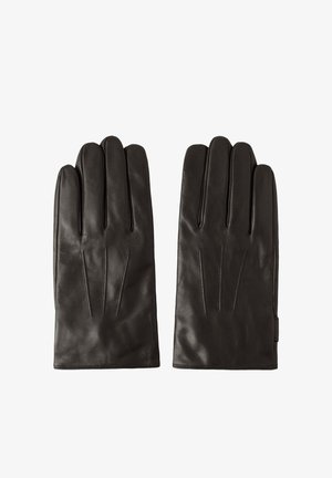 Gants en cuir noir avec une texture lisse, comprenant cinq compartiments pour les doigts et trois lignes de couture discrètes sur le dos pour un détail de design.