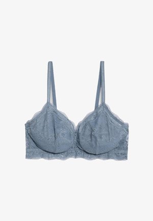 Spitzen-Bralette in sanftem Blau mit gewelltem Saum, floralen Mustern, verstellbaren Trägern und einem weich strukturierten Finish.
