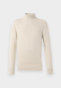 Beige høyhalset genser med ribbete krage og mansjetter, med myk, teksturert strikk og en avslappet passform, uten synlige mønstre eller detaljer.