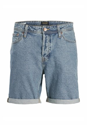 Shorts in denim azzurro chiaro con orli risvoltati, chiusura frontale con bottone e cerniera, passanti per cintura e tasche frontali.