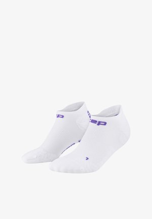 White ankle socks with a textured pattern, featuring purple branding on the side. The design includes reinforced heel and toe areas.