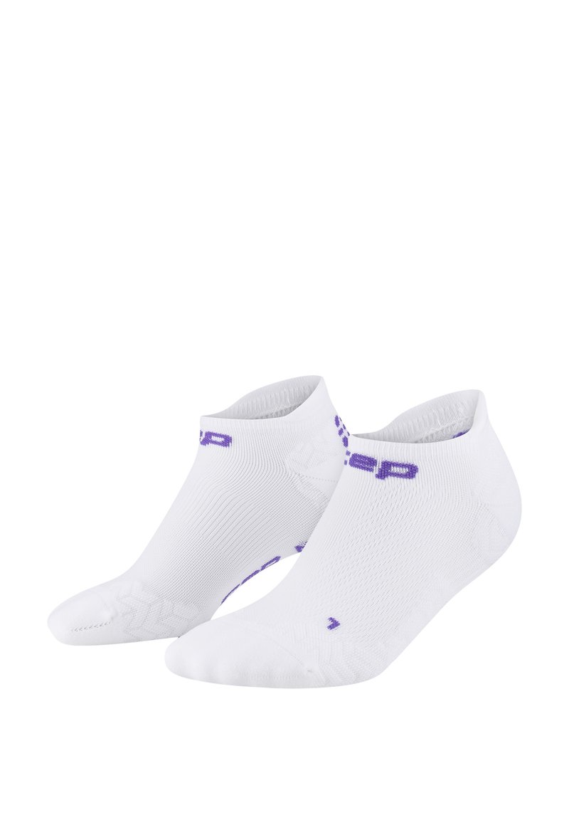 White ankle socks with a textured pattern, featuring purple branding on the side. The design includes reinforced heel and toe areas.