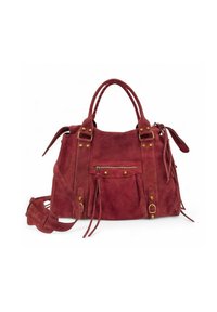 Sac à main en daim rouge avec double poignée, bandoulière réglable, poche zippée à l'avant, franges décoratives et accents en métal doré.