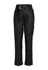 Zwarte broeken met een textuurpatroon, riemlussen, een afneembare riem met een ronde gesp en zijzakken; cropped lengte.