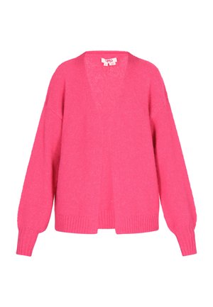 Lys pink oversized cardigan med V-hals, ribbede kanter og manchetter, blødt struktureret stof og drop skuldersøm for en afslappet pasform.