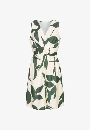 Ærmeløs kjole i creme med grønt bladprint. Har V-udskæring, samlet talje og en flagrende skørt. Fremstillet af letvægtsstof.