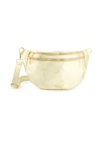 Gouden metallic heuptas met twee ritscompartimenten, verstelbare schouderband en een gladde textuur. Logo in reliëf aan de voorkant.