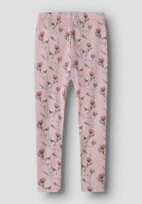 Roze leggings met een bloemenpatroon met groene stengels en cluster van roze bloemen. Gemaakt van zachte, rekbare stof, ontworpen voor comfort.