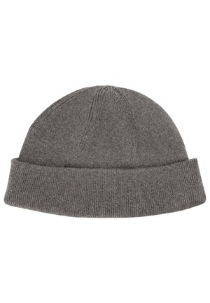 Grau gestrickte Beanie mit umgeschlagenem Saum und gerippter Struktur, entworfen für Wärme und lässiges Tragen.