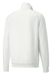Hvid sweatshirt med høj krave og lange ærmer. Blød, glat tekstur med en tætsiddende talje og ribbede ærmelukninger. Enkel, minimalistisk design.
