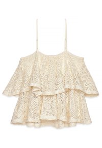 Top in pizzo color avorio con volant sovrapposti, spalline sottili regolabili e motivi floreali intricati su tutta la stoffa. Tessuto strutturato e leggero.