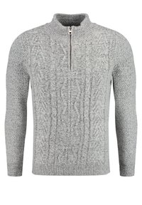Grauer gestrickter Pullover mit einem halben Reißverschluss am Hals, der ein strukturiertes Kabelmuster sowie gerippte Säume und Manschetten aufweist. Hergestellt aus weichem, warmen Material.
