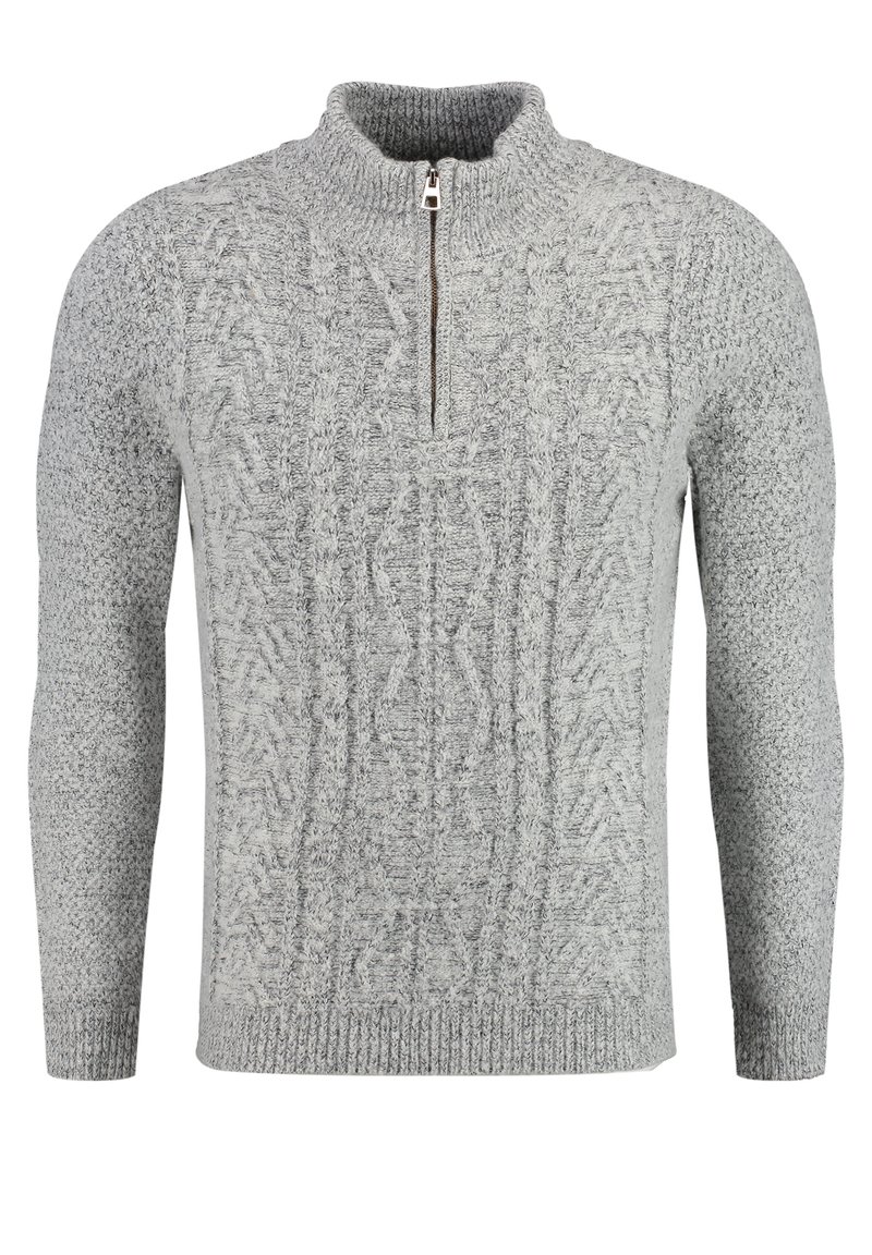 Grauer gestrickter Pullover mit einem halben Reißverschluss am Hals, der ein strukturiertes Kabelmuster sowie gerippte Säume und Manschetten aufweist. Hergestellt aus weichem, warmen Material.