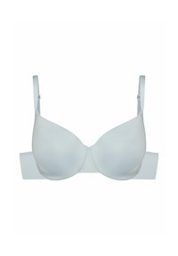 Jasnoniebieski stanik miękki, wykonany z gładkiego materiału. Posiada regulowane ramiączka oraz teksturowany pas z tyłu. Prosty, bezszwowy design.