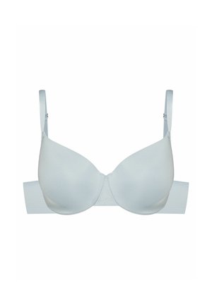 Jasnoniebieski stanik miękki, wykonany z gładkiego materiału. Posiada regulowane ramiączka oraz teksturowany pas z tyłu. Prosty, bezszwowy design.